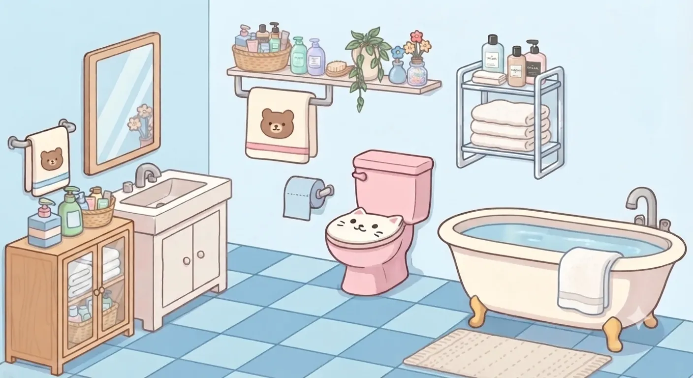Bathroom scene in Pastel Dress