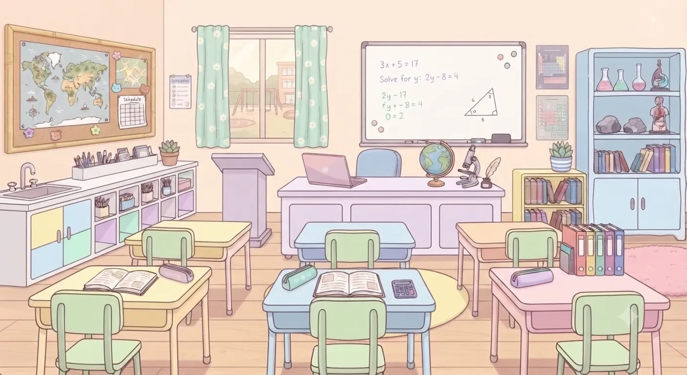 Classroom scene in Pastel Dress