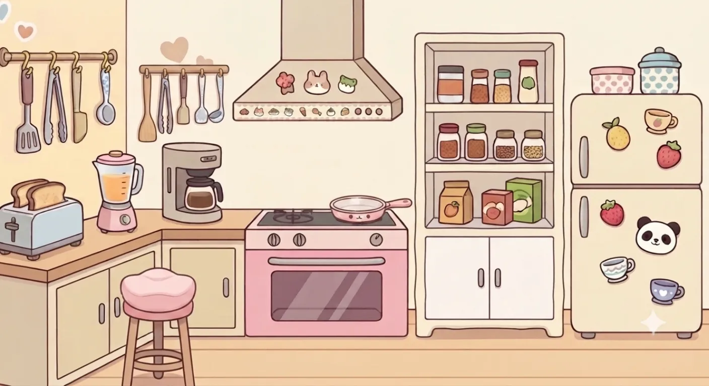 Kitchen scene in Pastel Dress